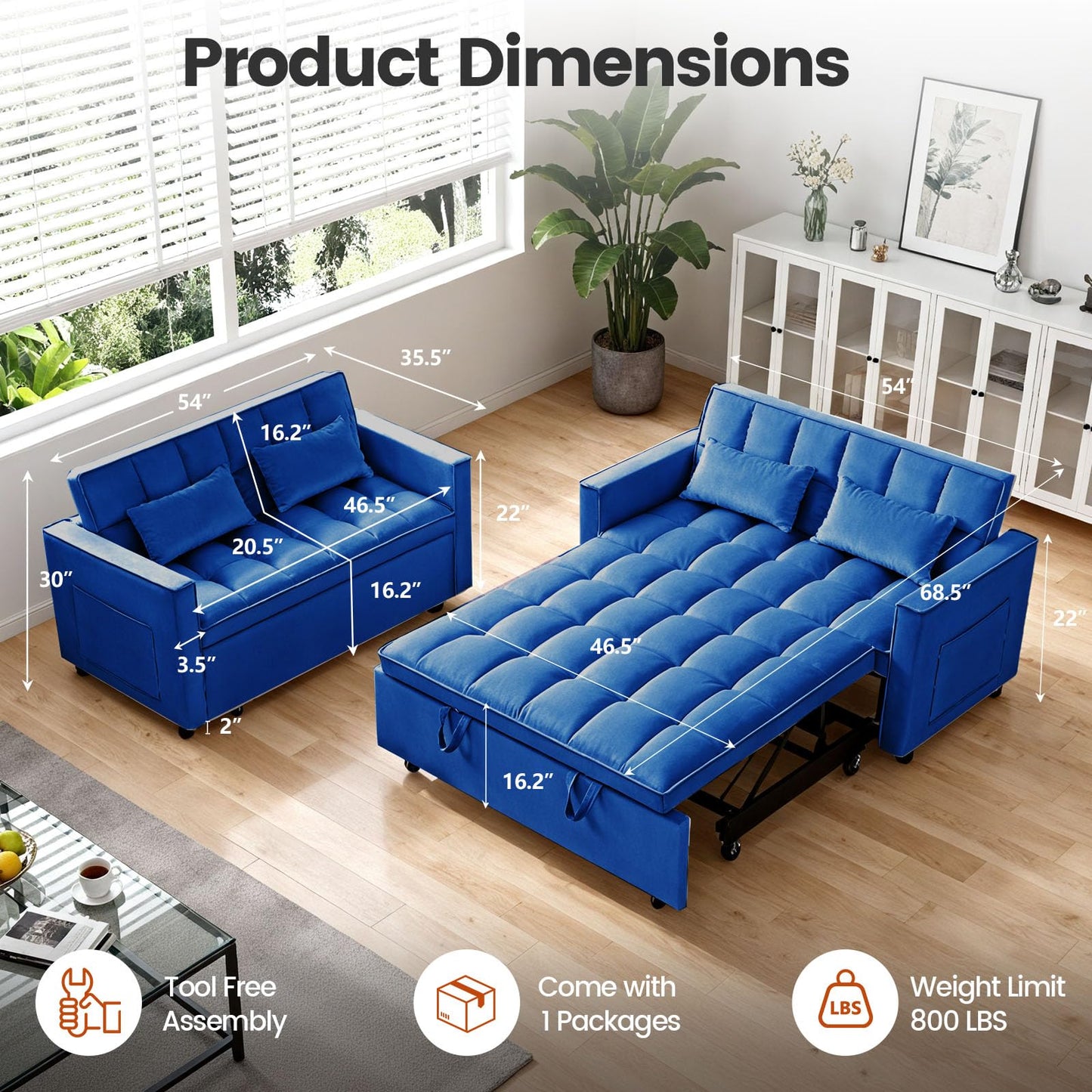 Trygoal Convertible Sofa Bed, Pull Out Couch with Side Pockets, 3 in 1 Velvet Fabric Loveseat Sleeper Sofa Bed, Pull Out Couch with Adjustable Backrest for Living Room, Bedroom, Apartment, Blue