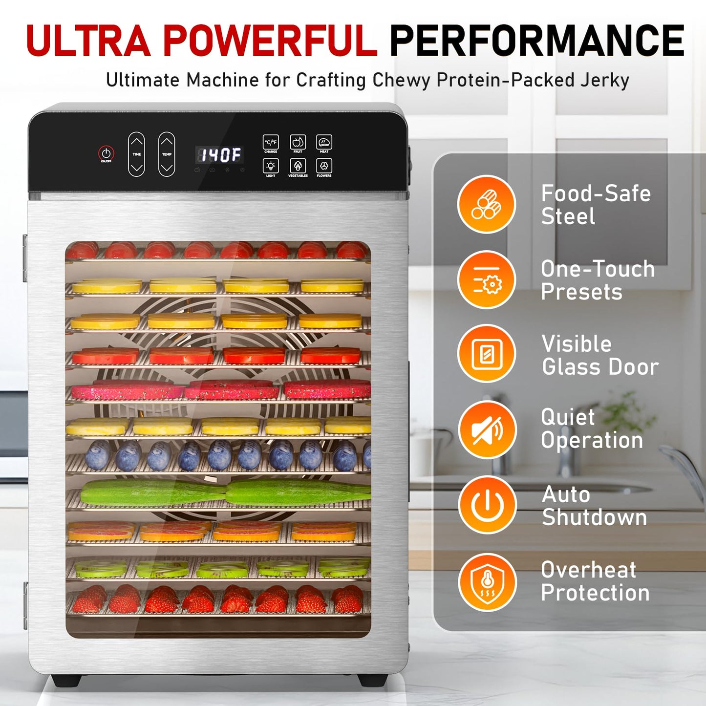 Food Dehydrator for Jerky, 12 Stainless Steel Trays, 10.9ft² Meat Dehydrator with Digital Timer & 194℉ Temp Control, 4 Presets, 800W Electric Dehydrator Machine for Fruit, Herbs, Yogurt, Pet Treats