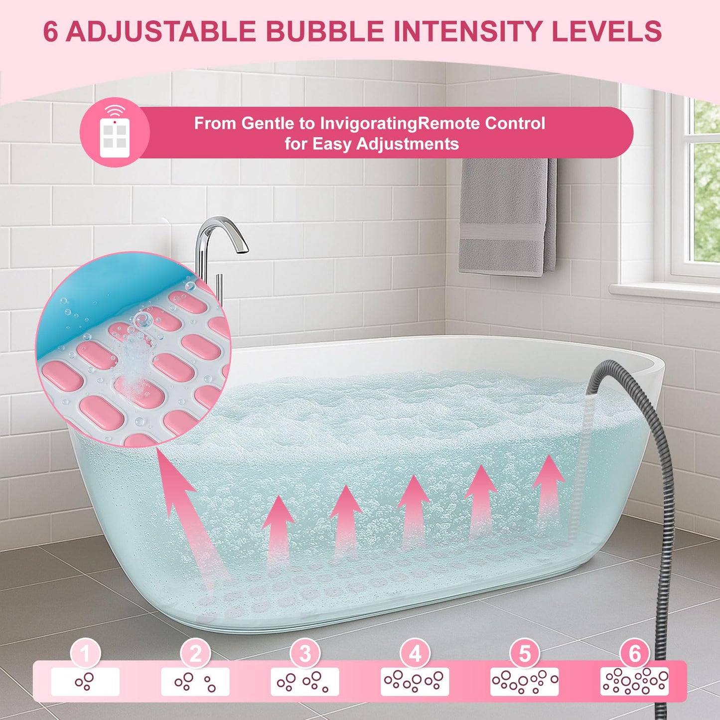 Bubble Bath Mat - Portable Spa Massager Mat for Bathtub with Remote Control, Inflatable Backrest & Non-Slip Suction Cup (44.9" x 16.9" Pink)