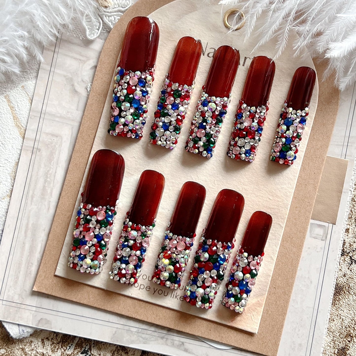 NAIL ANGEL 10PCS/SET Glamorous Handmade Press on nails Glitter Mixed Rhinestone French Long Coffin Nails Party Nails XXL Long Artifical Tips ZJ-04(S)