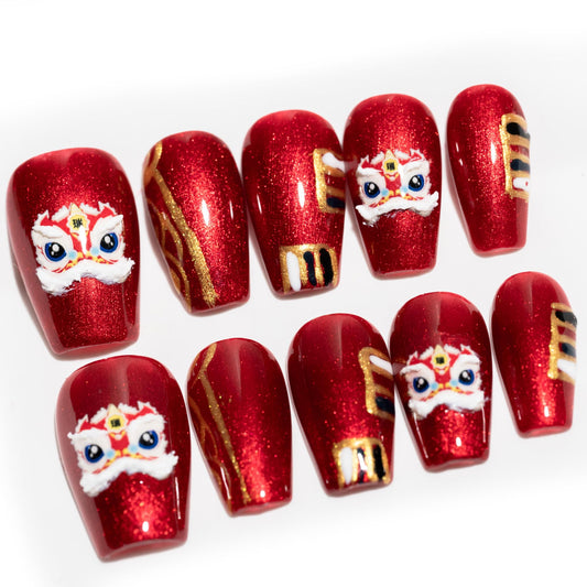 Sun&Beam Nails Handmade Press On Nails Short Square Chinese Red Glitter Lion Dance 10 Pieces for Festive Occasions and Celebrations (#016 M)