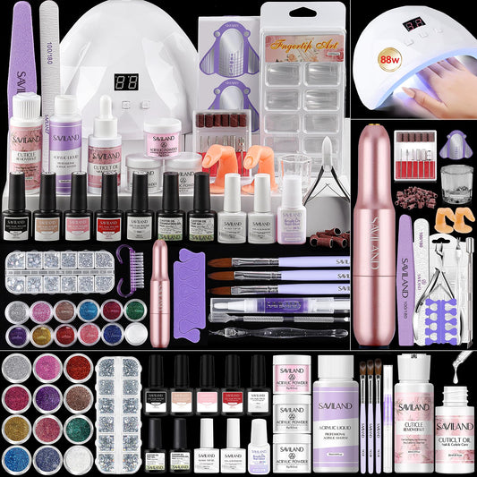 SAVILAND Acrylic Nail Kit: All-In-1 Nails Kit Acrylic Set with 88W Nail Lamp EMA Monomer Gel Nail Polish Nail Drill Cuticle Remover Home DIY Starter