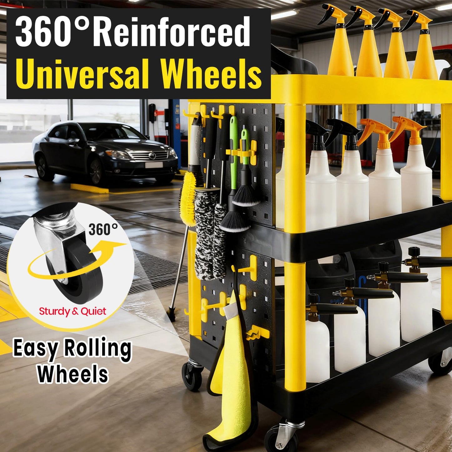 Auto Detailing Cart with Wheels, 3 Tier Car Detailing Cart with Hanging Boards & Hooks, Car Wash Organizer for Garage Workshop DIY Home