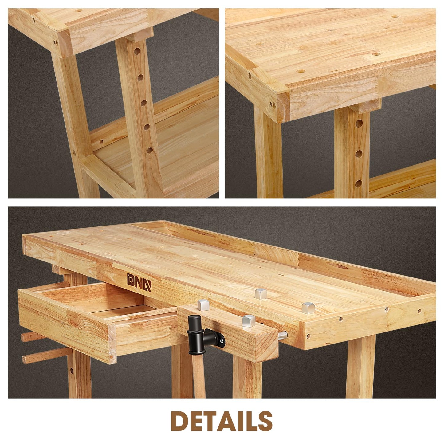 DNA Motoring Heavy Duty Wood Workbench, Wooden Workbench with Drawer for Workshop, Garage, W/Adjustable Handle, TOOLS-00520