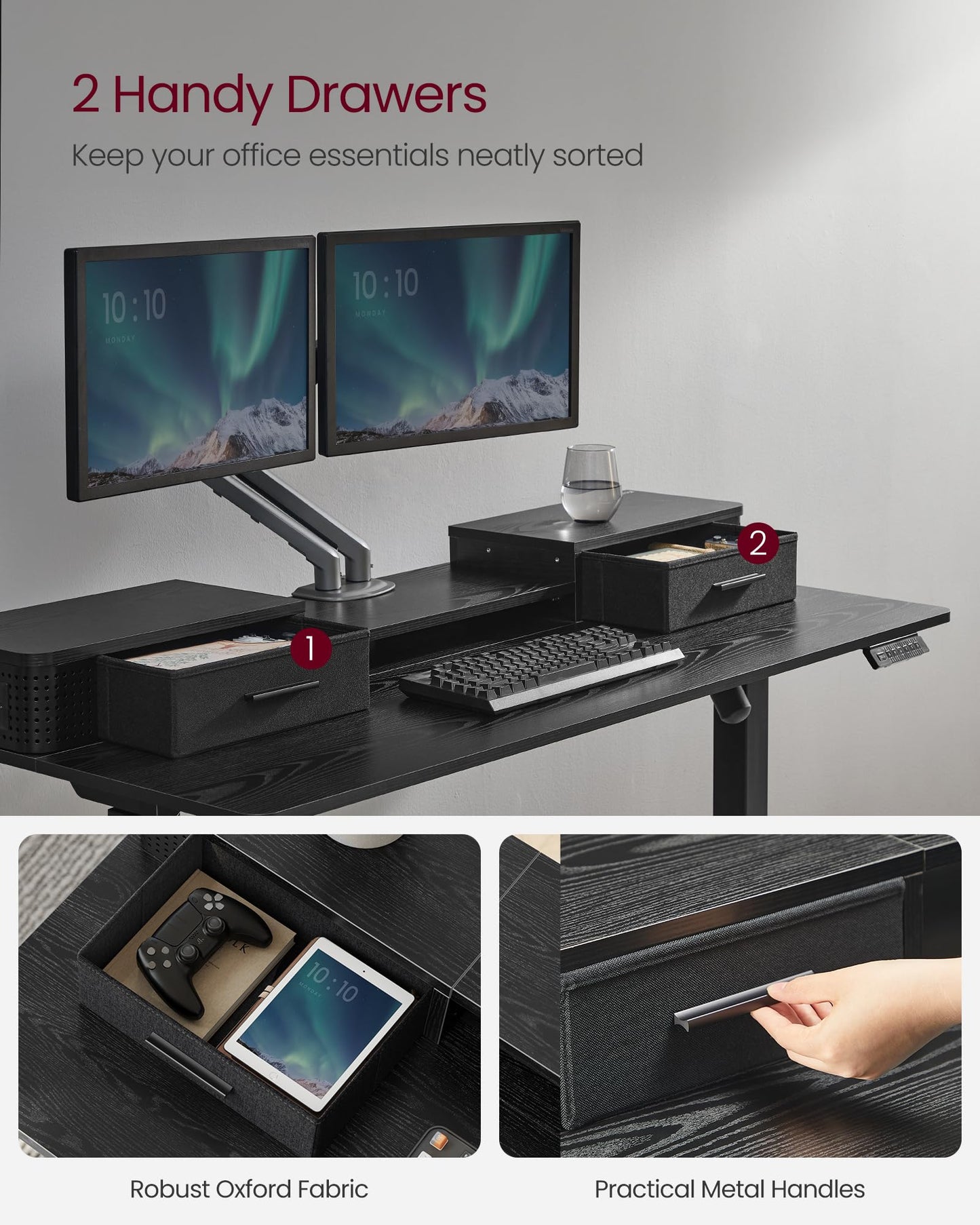VASAGLE Electric Standing Desk with Drawers, 55.1 x 23.6 Inches, Sit Stand Desk with Power Outlet and LED Lights, Adjustable Height, Storage Shelf, 3 Memory Buttons, for Home Office, Ink Black