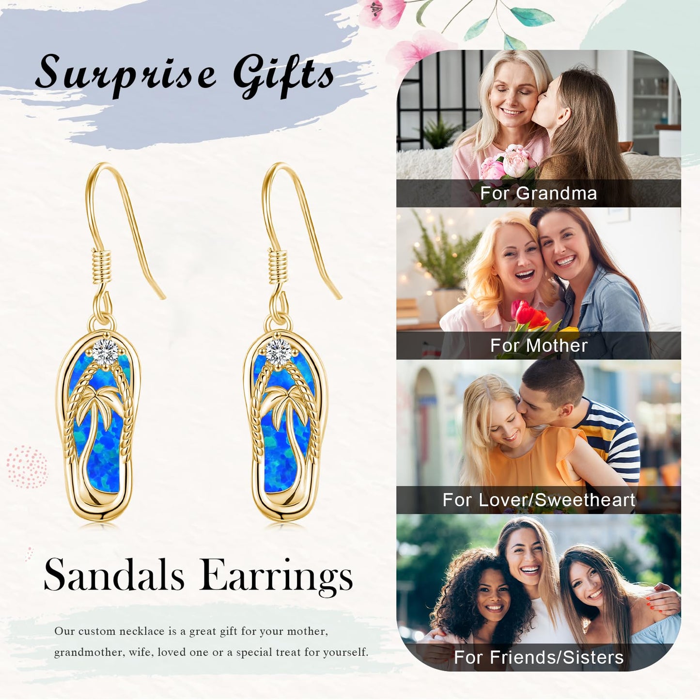 Midir&Etain 14K Gold Plated Beach Themed Jewelry – Blue Opal Flip Flops Necklace and Earrings