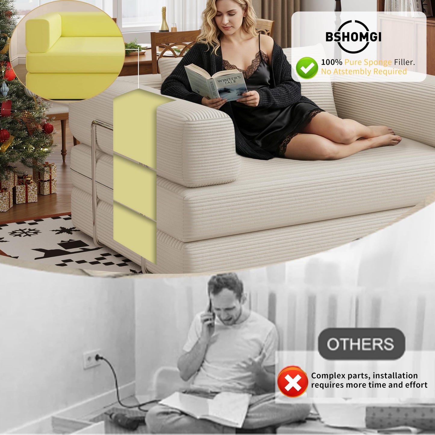 BSHOMGI 4 in 1 Futon Sofa Bed Queen Size - Foldable Convertible Sleeper Sofa Couch, Removable Washable Corduroy Cover, Space Saving Floor for Living Room (Beige, 53.15" Double Sofa)