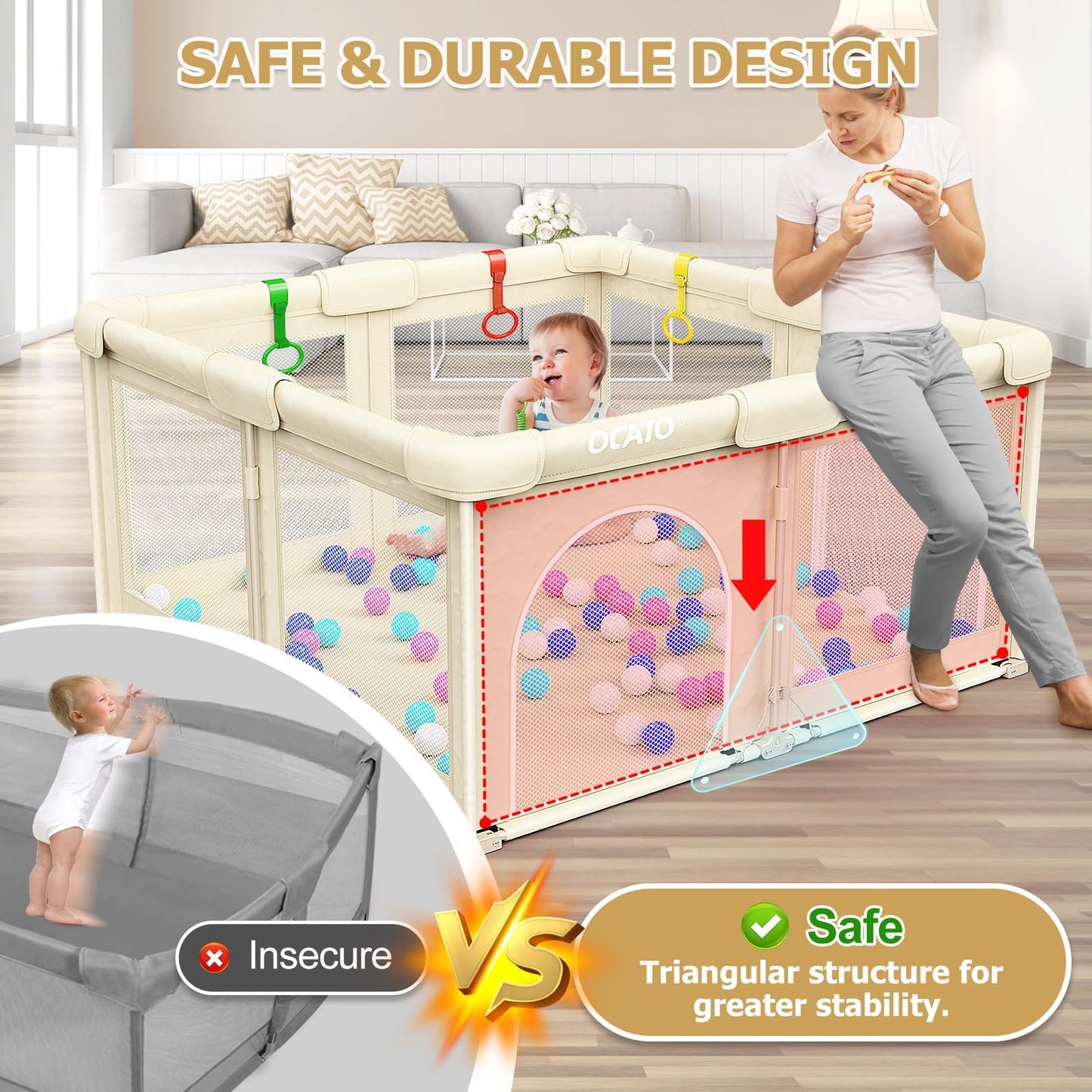 OCATO Baby Foldable Playpen: Playpen for Babies and Toddlers Baby Play Pen Gate Portable Playpen Fence Indoor Outdoor Kids Safety Area Travel Play Yard Babies Essentials Pack n Plays (50" × 50")