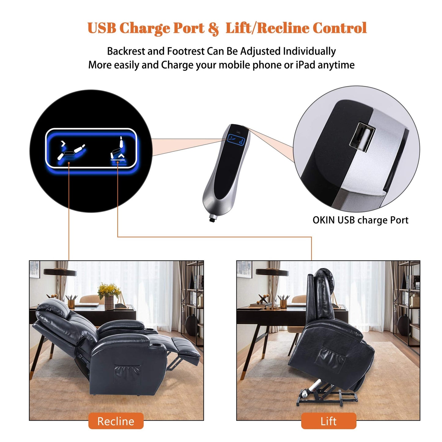 S*MAX Lift Chairs Recliners for Elderly Power Recliner Chairs Full Air Leather Electric Recliner Chairs Side Pockets USB Charge Port and Remote Control Power Lift Recliners Black