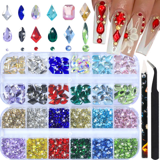 DZHILHMX Nail Rhinestones - 3D Multiple Shapes Colorful, Crystals Gem, Round Flatback Rhinestones for Nails, with Kit, for Nail Art
