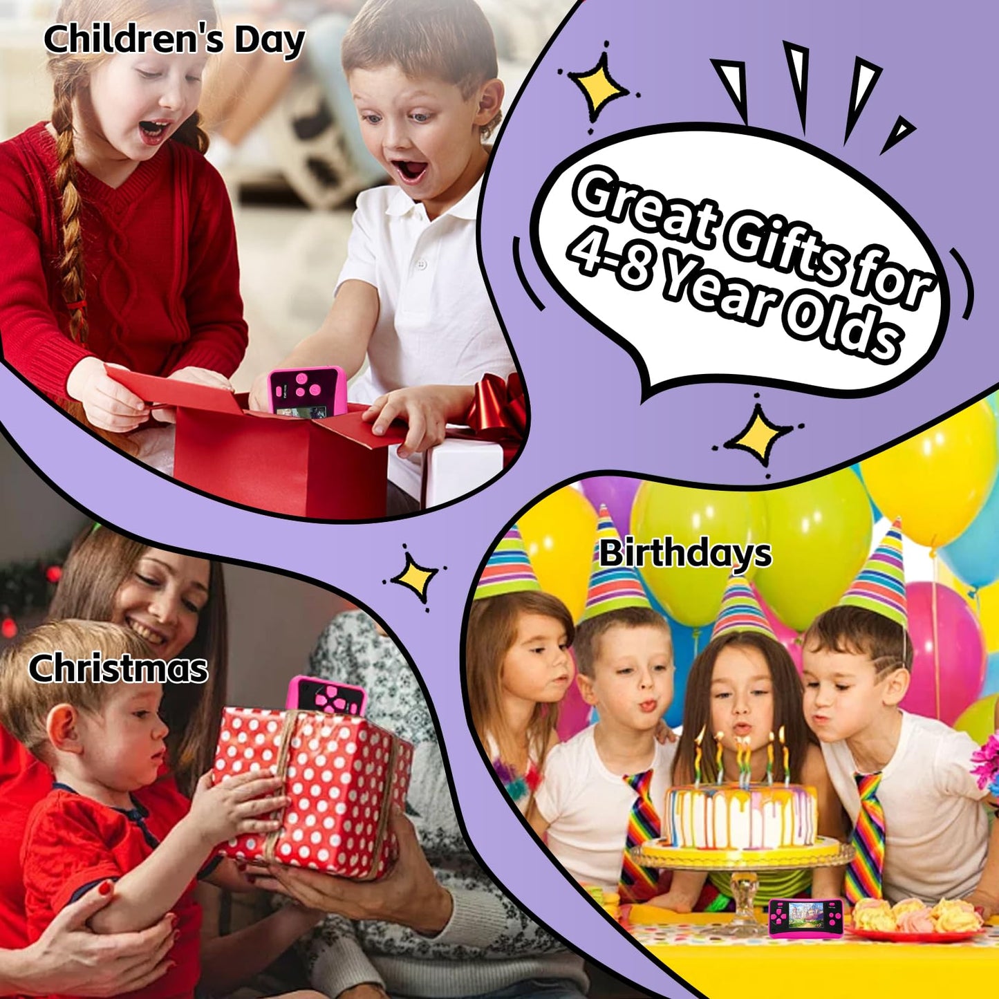 Handheld Game for Kids Ages 4-10, 2025 Upgraded, 142 Classic Mini Games, TV Output, 2.5" LCD Screen, Portable Arcade System, Birthday for Children-Rose