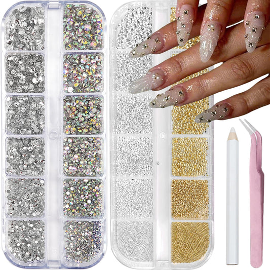 SEMATA Transparent Nail Rhinestones Charms Flatback AB Nail Gems Rhinestones Diamonds Mixed Size Nails Art Charms Stone Half Round Gold Silver Nails Art Accessories Decoration Design for Women