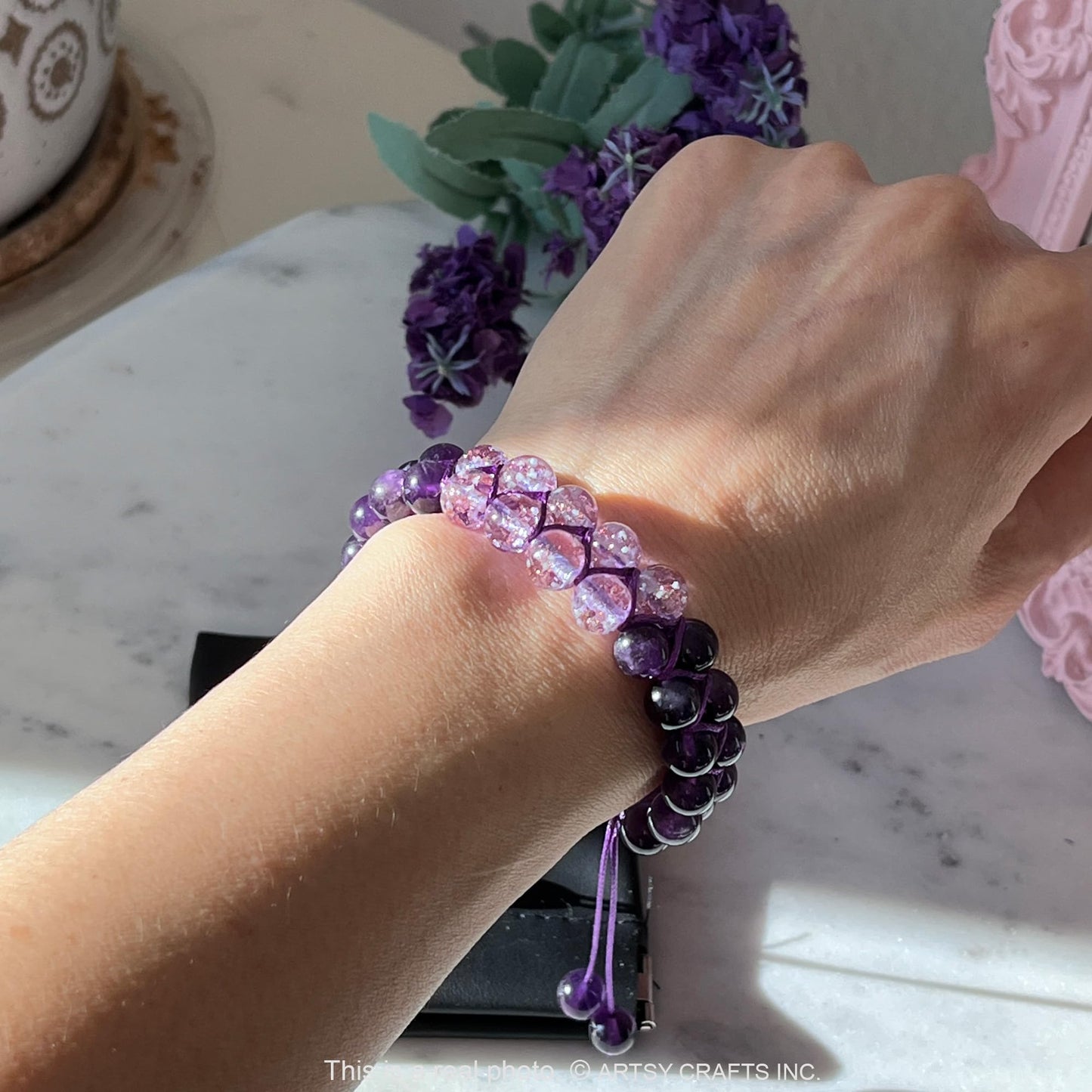 ARTSY Crafts Glow in the Dark Firefly Beads Bracelets, 2-Row Shamballa Wrapped Bracelet for Chakra Meditation Anti Anxiety Healing Crystals Gemstone Glowing Bangle Wristband, Medium, no gemstone
