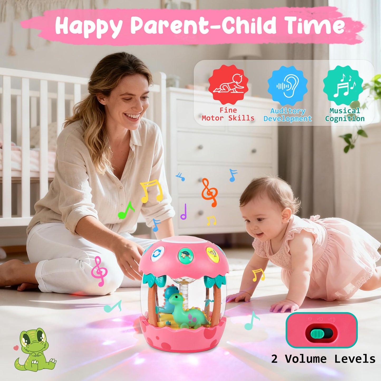 M SANMERSEN Baby Girl Toys 6-12 Months, Dinosaur Rotating Light Up Musical Baby Toys for 0-6 12-18 Months Newborn Infant Crawling Tummy Time Toys, Birthday Easter Gifts for Baby Girls- Pink