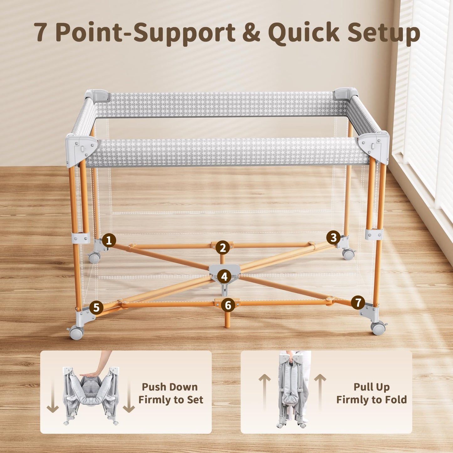 GAIVE 4 in 1 Baby Bassinet, One-Push Setup Pack and Play, Bedside Crib Sleeper with 3 Height Adjustable，Diaper Changer, Come with Comfy Mattress, Rotating Toy Bar, from Infants to Toddlers (Grey)