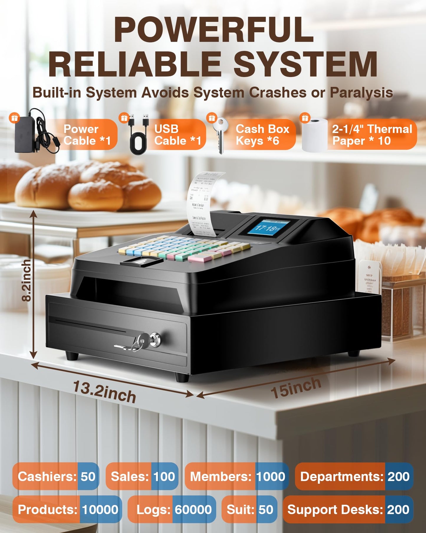 PYY Cash Register for Small Businesses - Electronic Commercial Caja Registradora para Negocio with Locked Cash Drawer Box, 8 Digital Dual Display, 48 Keys, Restaurant Supermarket Retail System