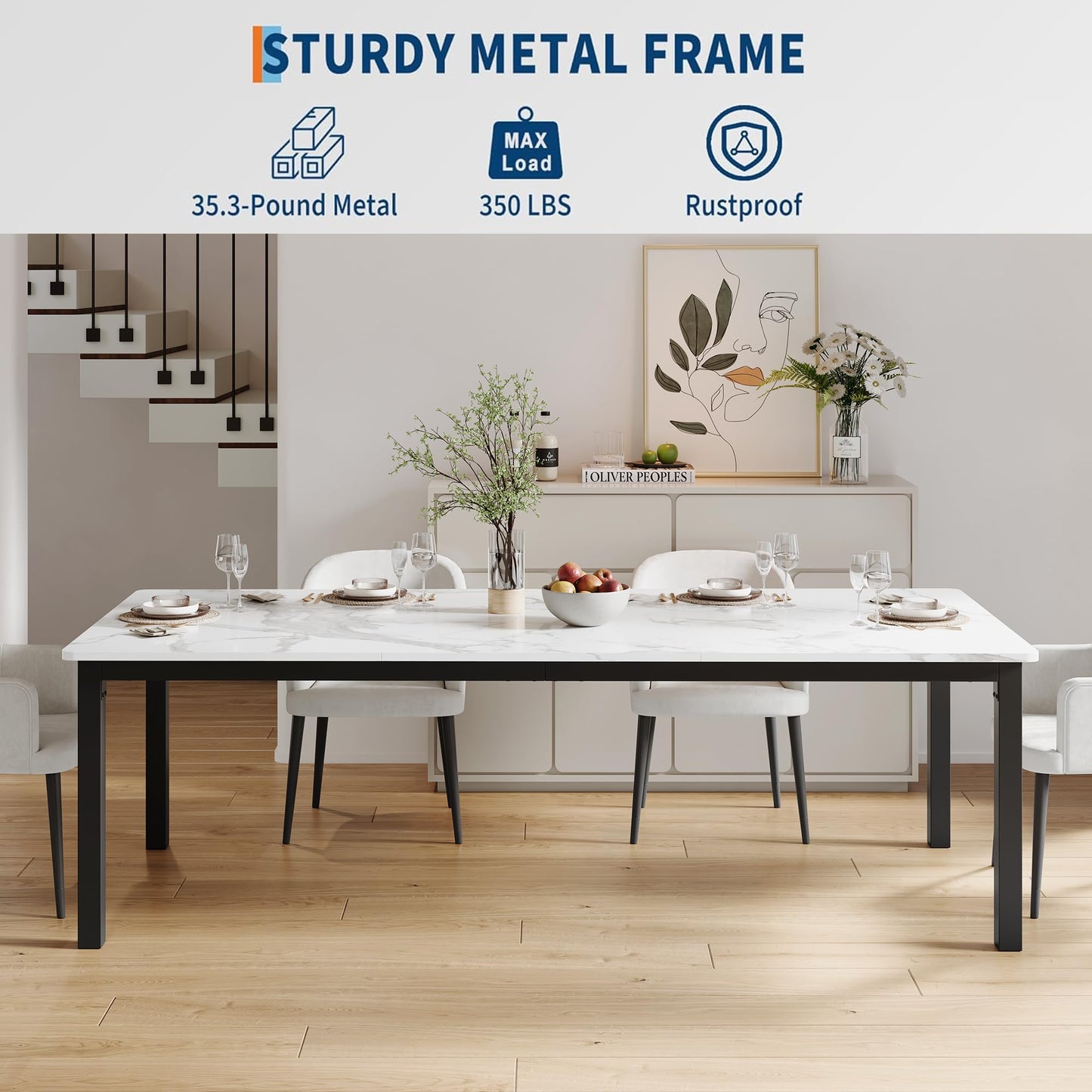 GarveeHome 70.8 in Industrial Dining Table for 6, Wooden Long Dinner Table with Mortise Tenon Design, Kitchen Table with Sturdy Metal Legs, for Dining Room Home Office Living Room, White