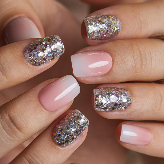 CurvLife Press On Nails Short Square Pink Ombre Silver Glitter, Glossy Soft Gel Fake Nails, Reusable Salon Look Manicure for Women Teens Beginners, 30pcs, Daily Wear Work Party