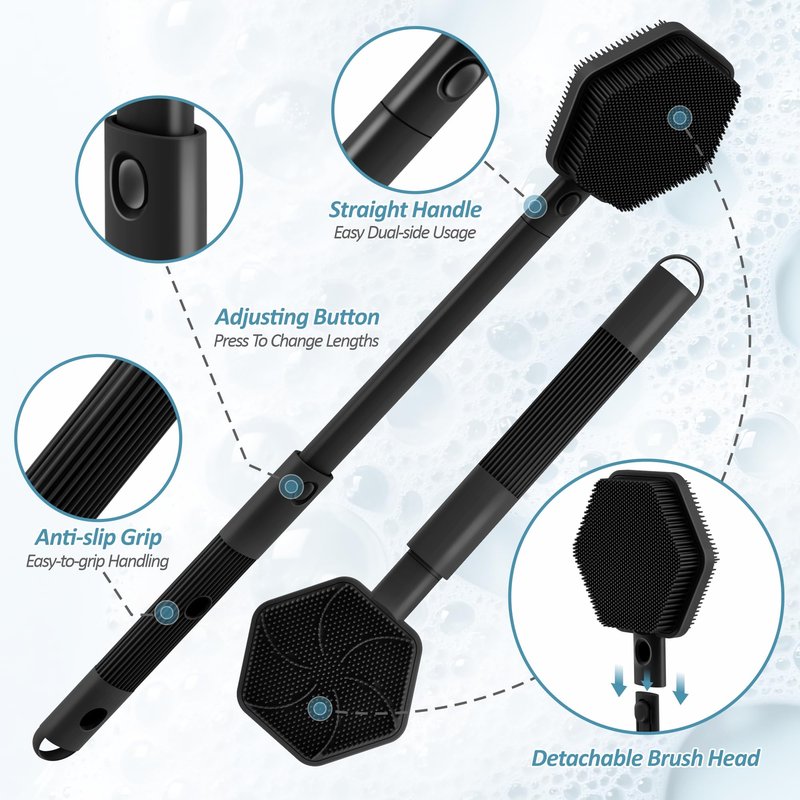 GEENOA Silicone Back/Face Scrubber & Bath Glove Set 3PCS, Extendable Back Scrubber with Dual-Side Large Head, 360° Anti-Slip Bath Glove, Unique Side-bristle Face Scrubber for All-round Cleaning(Black)