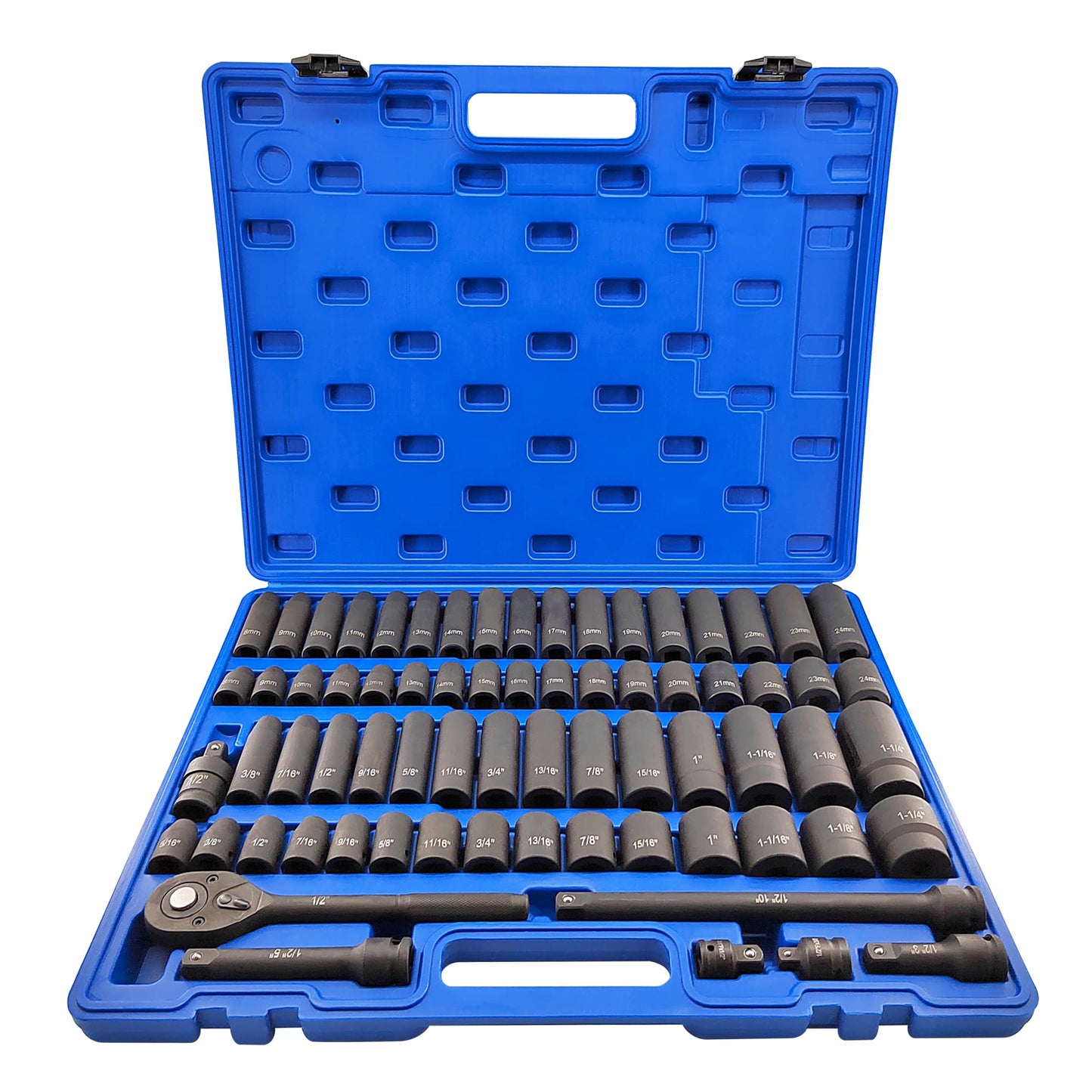 GOSWIFT 70pcs 1/2" Drive Impact Socket Set, Cr-V Steel, SAE & Metric, Standard/Deep Sockets with 72 Teeth Ratchet Handle, Extension Bar, and Adapters