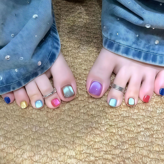 Colorful Glitter Press on Toenails Short Square Fake Toe Nails Sparkling Glossy Toenail Press ons Summer Rainbow Color Toe Nail Tips Acrylic Toe Press on Nails for Women 24Pcs