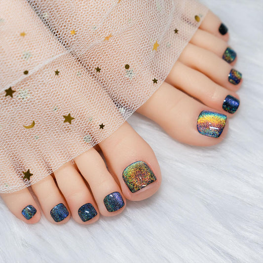 Black Press on Toenails Short Square Fake Toe Nails for Cat Eye Acrylic Toenails Gel Full Cover False Toenails with Colorful Powder Designs Artificial Glue on Toenails for Women 24Pcs