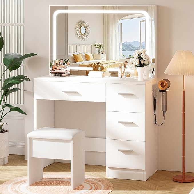 Makeup Vanity Desk with Charging Station & LED Mirror Ã¢ÂÂ 35.4" Vanity Table with 4 Drawers, Hair Dryer Rack, & 3 Lighting Modes Ã¢ÂÂ Modern Bedroom Furniture (15.7"D x 35.4"W x 53.9"H), White