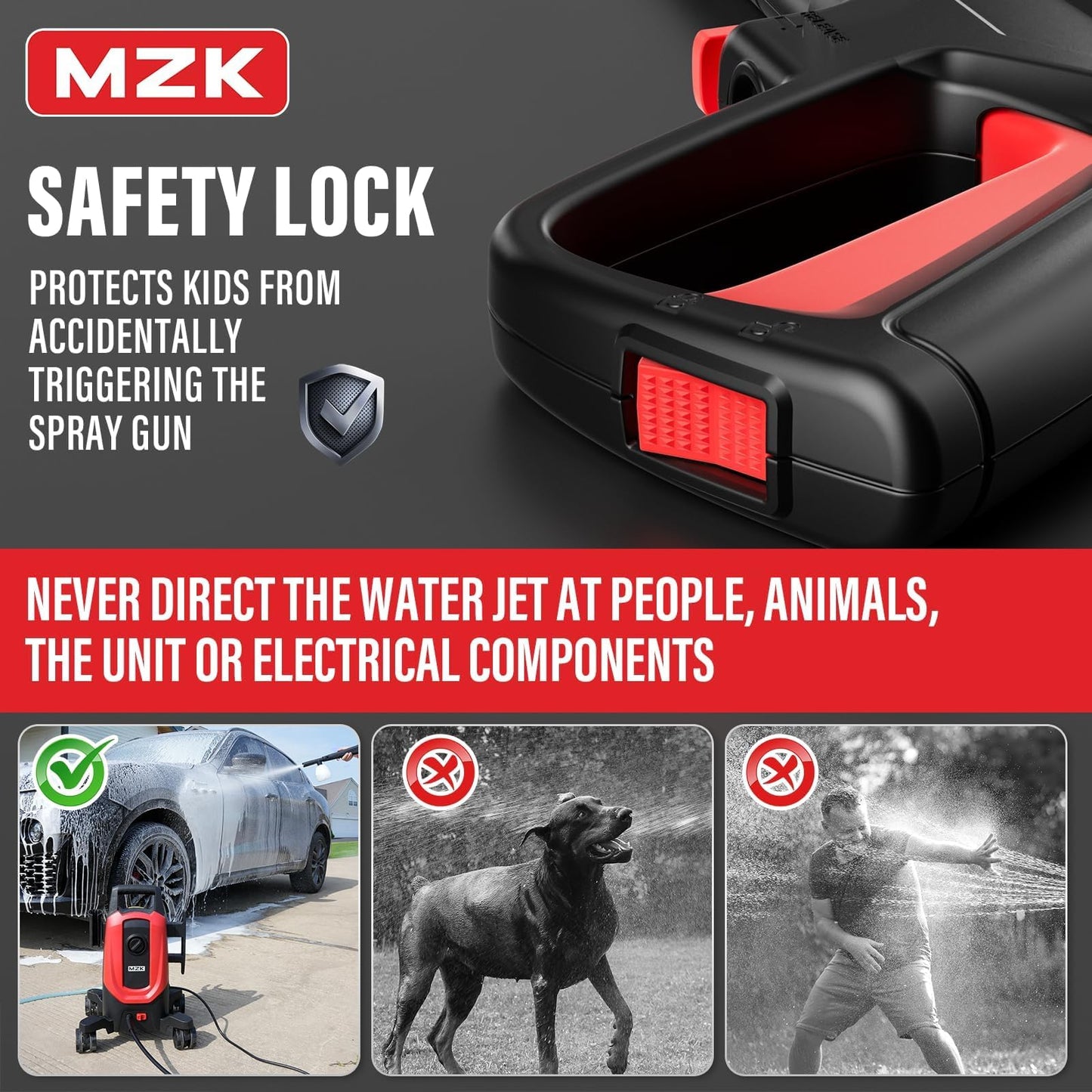 MZK Electric Pressure Washer,2600 Max PSI with Anti-Tipping Technology,4 Quick-Connect Nozzles,Foam Cannon for Easy Replacement,High-Pressure Cleaning of Cars,Fences ET2501