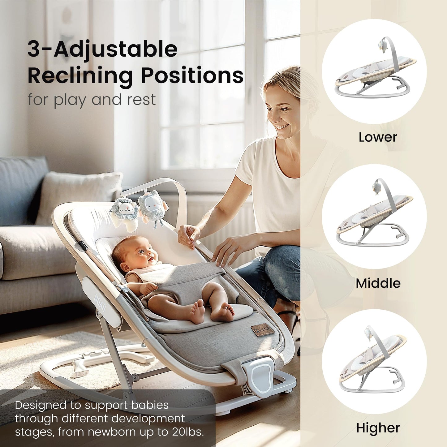 Qutanix 2-in-1 Baby Bouncer & Rocker,Portable Baby Bouncer Seat for Babies 0-9 Months, Baby Rocking Chair with 3 Reclining Positions,Wood Accents,Soft Newborn Insert - Beige