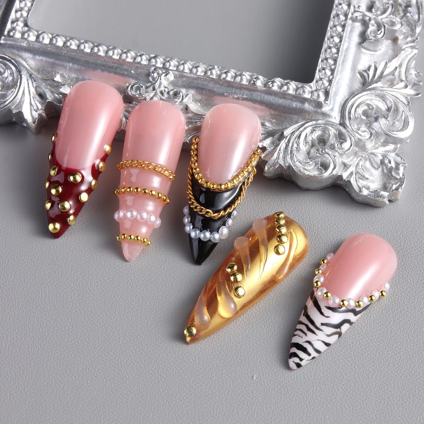 3D Metal Nail Art Chains and Mini Stainless Steel Beads Nail Charms, White Flatback Pearls Gold Caviar Beads Golden Chain Alloy Jewelry for Women Manicure Supplies DIY Crafts Decorations