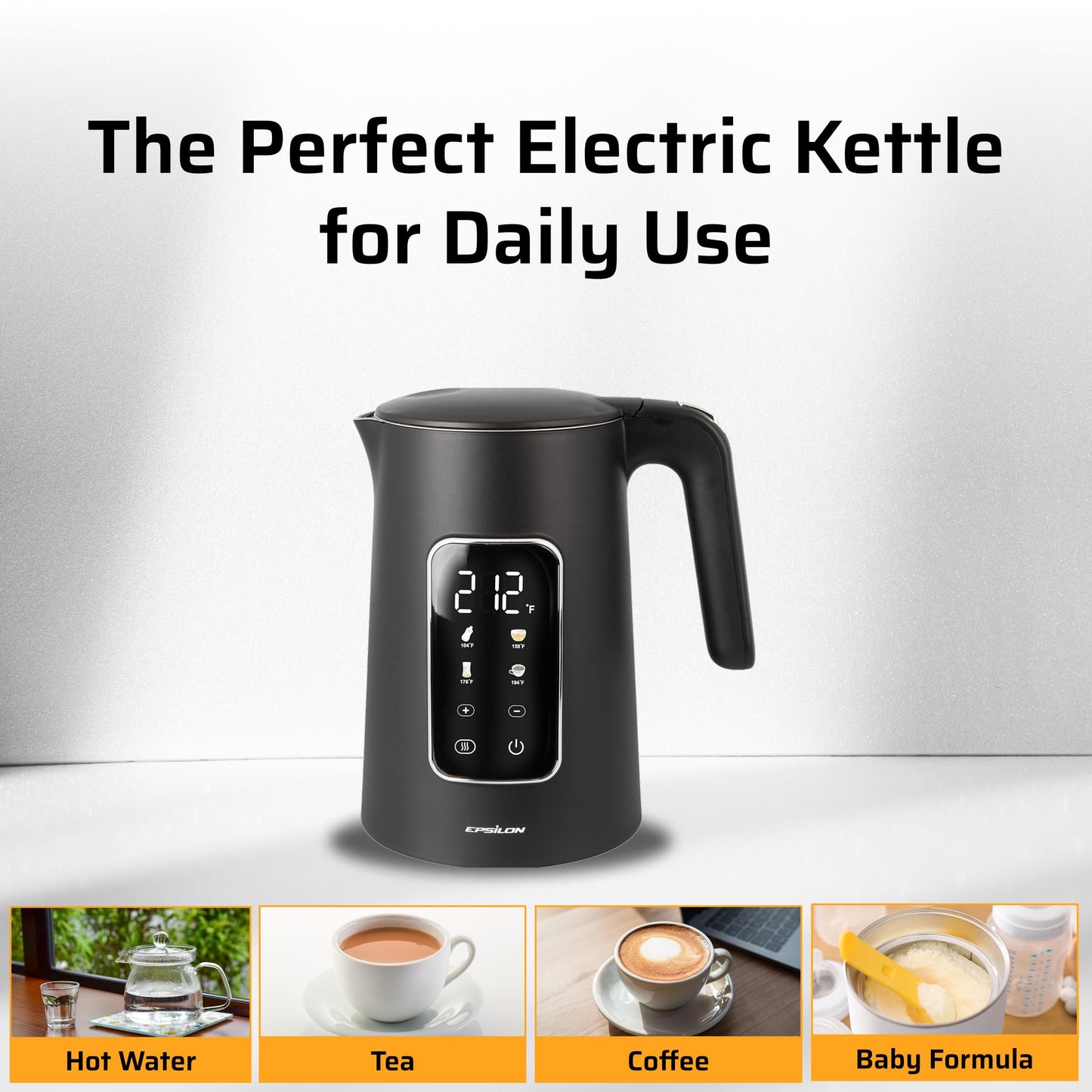 Epsilon LCD Electric Kettle 1100W - 1.7L Hot Water Tea Kettle with Digital Display, Temperature Control, Fast Boil, BPA-Free Electric Teapot with Auto Shut-Off & Boil Dry Protection