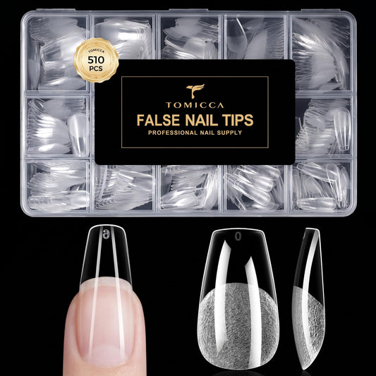 TOMICCA Medium Coffin Nail Tips 510PCS, 15 Sizes Coffin Nails Tips Full Cover Half Ultra Matte Pre-Shaped Clear Acrylic Nail Tips for DIY Salon, Gel Nail Extension Tips for Beginners & Nail Techs