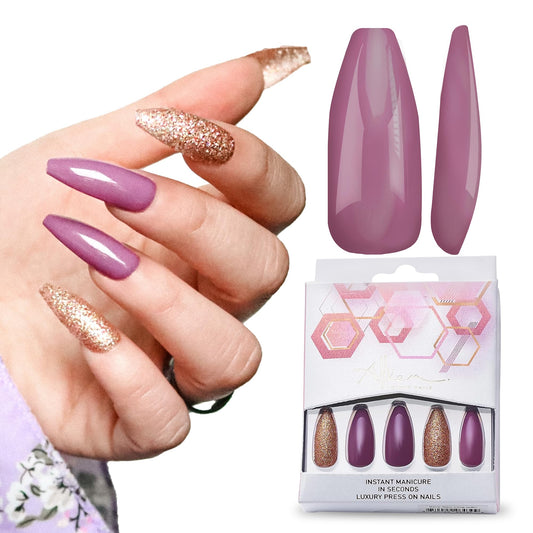 Allkem Berry Glam Press on Nails | Glossy Long coffin | 10 sizes - 20 pcs Ballerina Nail kit with Glue