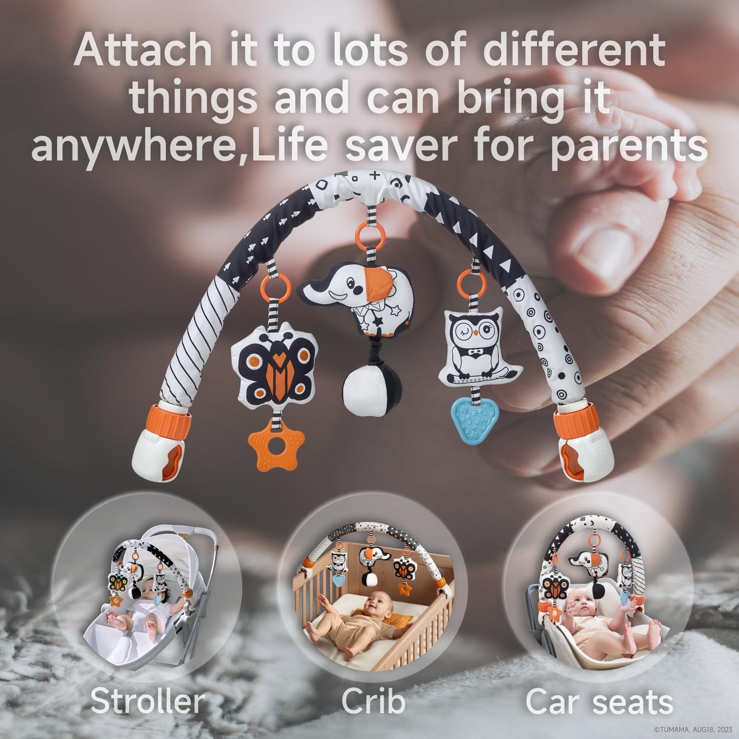 TUMAMA Car Seat Toys for Babies 0-6 Months, Stroller Toys for Infant 0-6 Months, Newborn Sensory Hanging Rattle Arch Toy with Butterfly Elephant Owls,Musical Toy for Baby 6-12 Months
