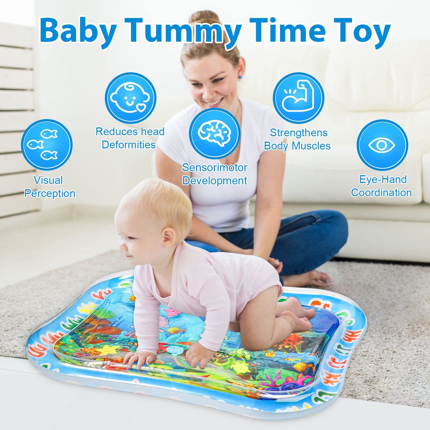GARNHLOB Baby Water Mat Large 37.4"x29.9", Safe Inflatable Tummy Time Water Play Mat for Infants & Toddlers with Climate Pledge Friendly, Newborn Sensory Water Pad for Christmas Gift (Blue)