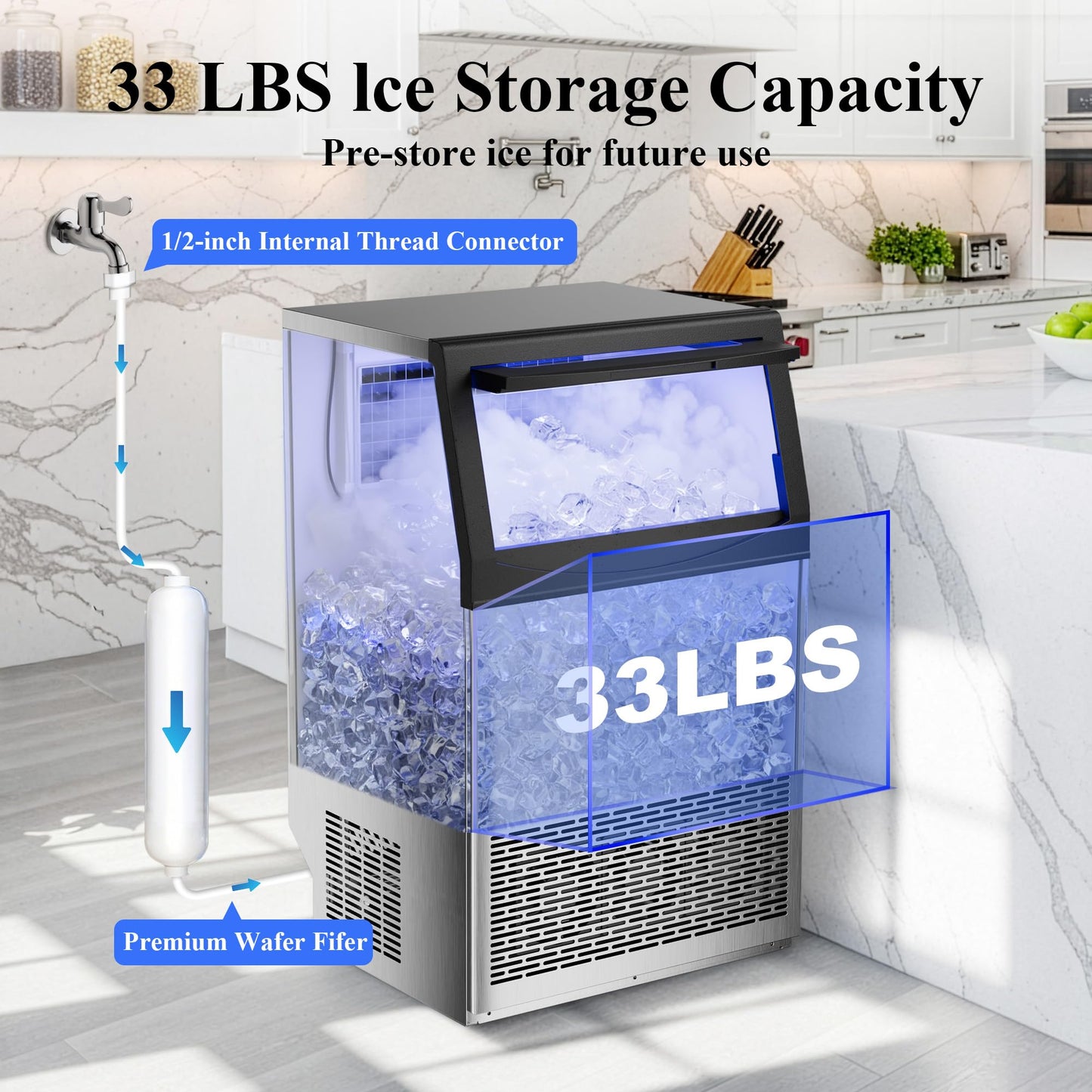 Mountman Commercial Ice Maker,110 lbs/24H,Stainless Steel Ice Machine with 33 lbs Storage Capacity,50 Cubes in 14 Mins,Water Filter,Under Counter/Freestanding Ice Makers for Home,Restaurant,Bar,Cafe