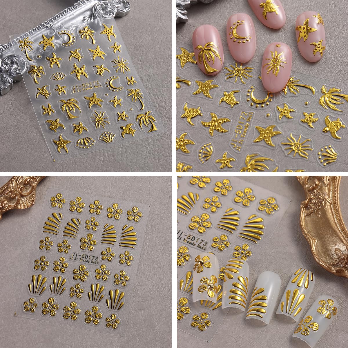 Summer Nail Stickers for Nail Art 5D Self-Adhesive Nail Decals Gold Starfish Sea Turtle Palm Sun Design Flower Nail Art Supplies for Women DIY Summer Beach Manicure Tip Decoration, 2Pcs