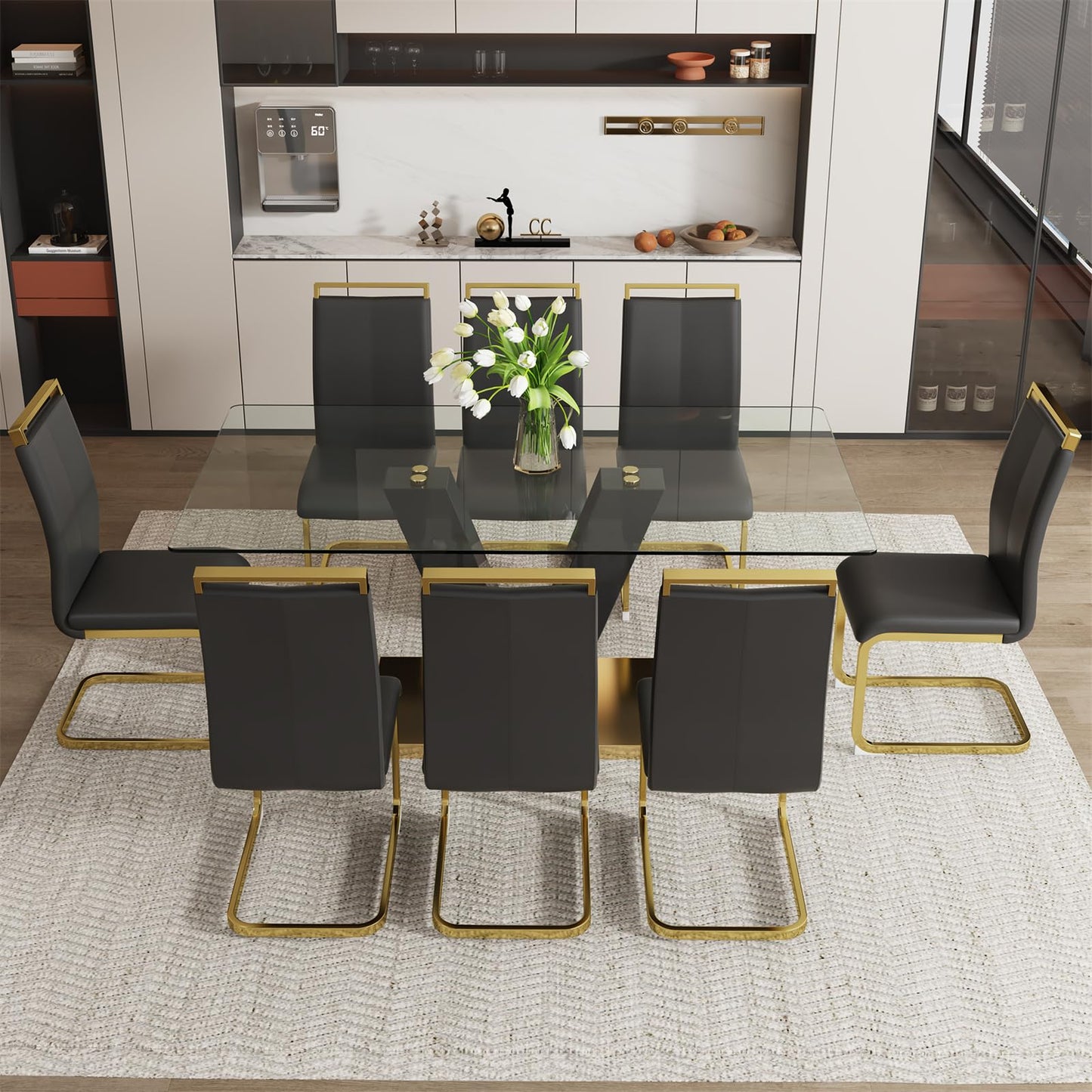 BAOPIN 71" Glass Dining Table Set for 8, Dining Table Set for 8, Modern Kitchen Table and 8 Chairs,Tempered Glass Tabletop and MDF Base,Dining Room Table Set for 8