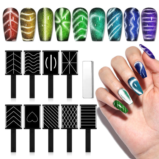 SAVILAND Cat Eye Magnet for Nails: 10PCS CatEye Gel Nail Polish Strong Nail Magnets Set 1000＋Styles Creation Magnetic Wand Quicker DIY Nail Art Tools for Enthusiasts Technicians Salon Home Studio
