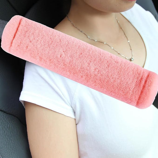 Amooca Soft Faux Fur Universal Fit Seatbelt Cover Car Truck SUV Airplane Seat Belt Shoulder Pad for Carmera Backpack Straps Neck Cushion Protector 2 Pack 10.5in Orange Pink