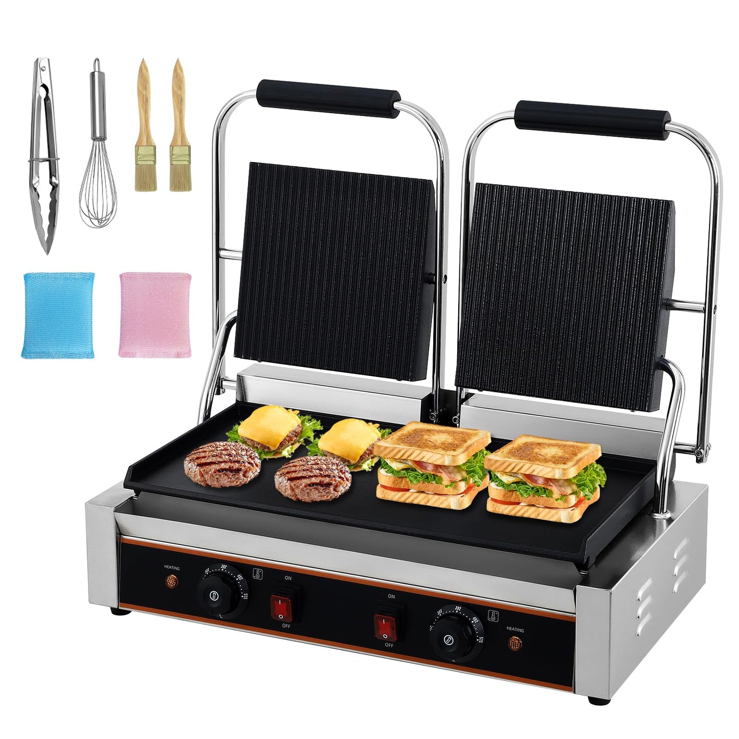 MilleLoom Commercial Panini Press Grill with 19"x 9" Grooved Top and Smooth Bottom Plates for Burgers Steaks Panini, Countertop Electric Sandwich Maker with Adjustable Temp Control, 110V/220V, 3600W