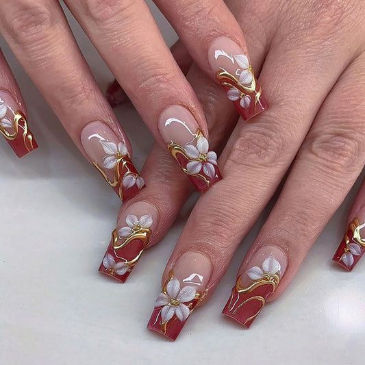 Long Press on Nails Square Fake Nails Red Artificial Nail 3D Floral and Gold Charm Designs Glossy Stick on Nail for Women 24pcs