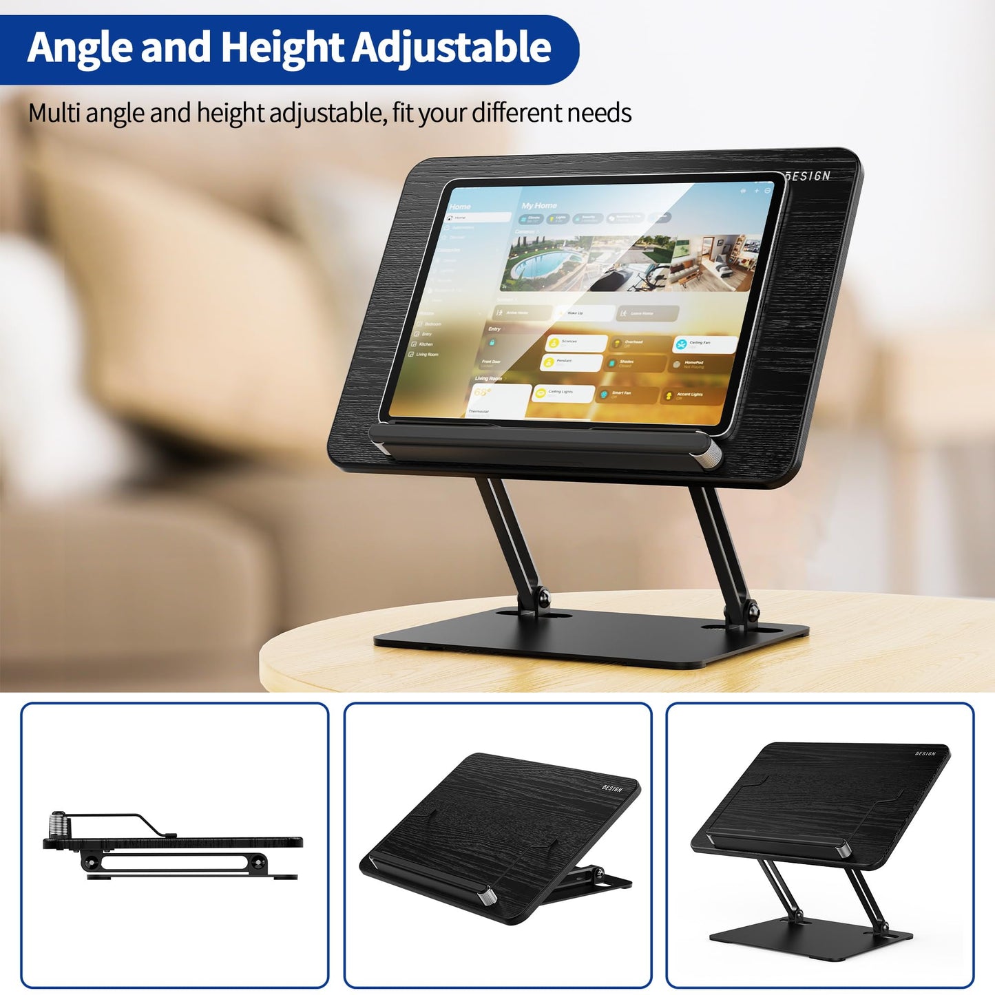 BESIGN BS01 Book Stand for Reading, Adjustable Book Holder, Ergonomic Laptop Stand with Elastic Page Clips for Music Scores, Recipe, Tablet, Laptop (Black)
