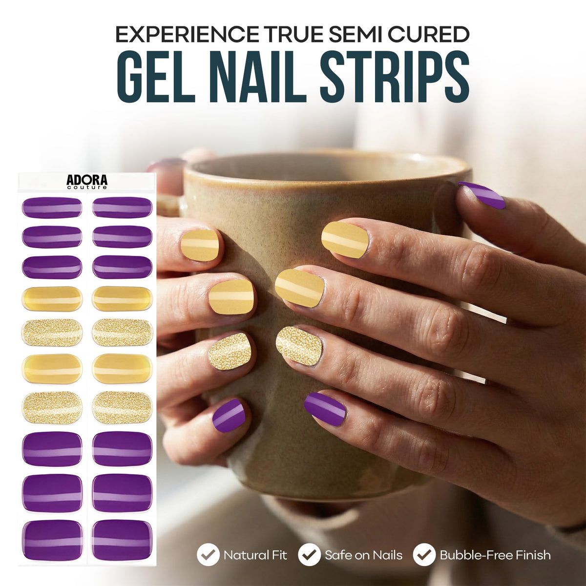 Adora Couture Semi Cured Gel Nail Strips with 20 Pieces - UV Gel Stickers, Manicure Kit, Easy Application Wraps Includes Prep Pads, Nail File, Wooden Stick - UV Light Required (Golden Plum)