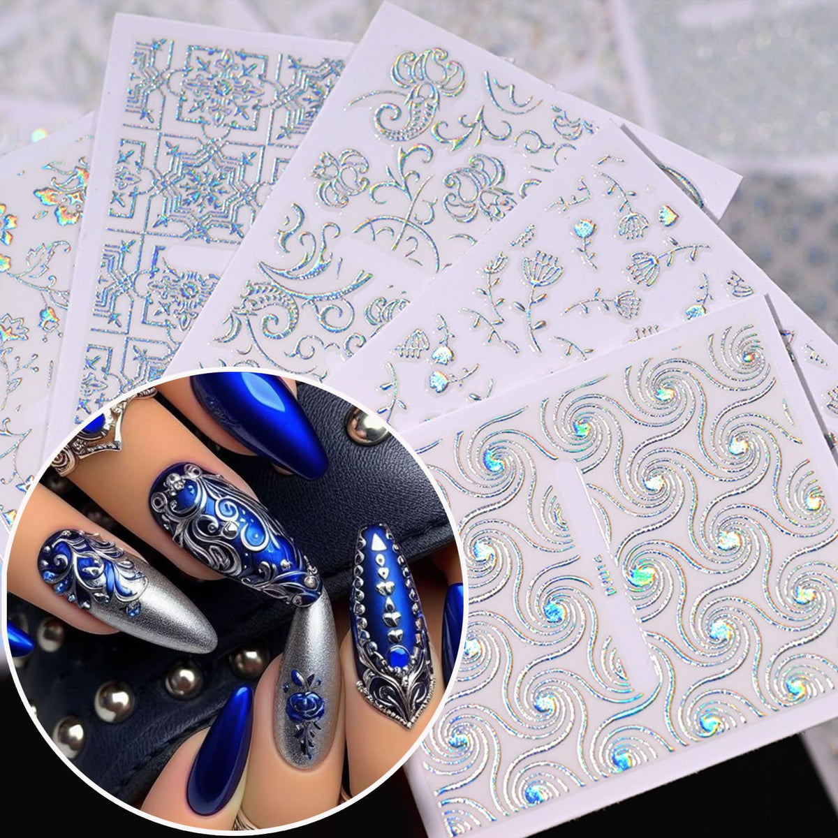 WEIXIWUYU Laser Silver Hollow Retro Floral Vine Nail Art Stickers Laser Silver Lace Design Nail Supplies 3D Self-Adhesive Nail Stickers for Women Girls DIY Manicure Slider Decorations 30 Sheets