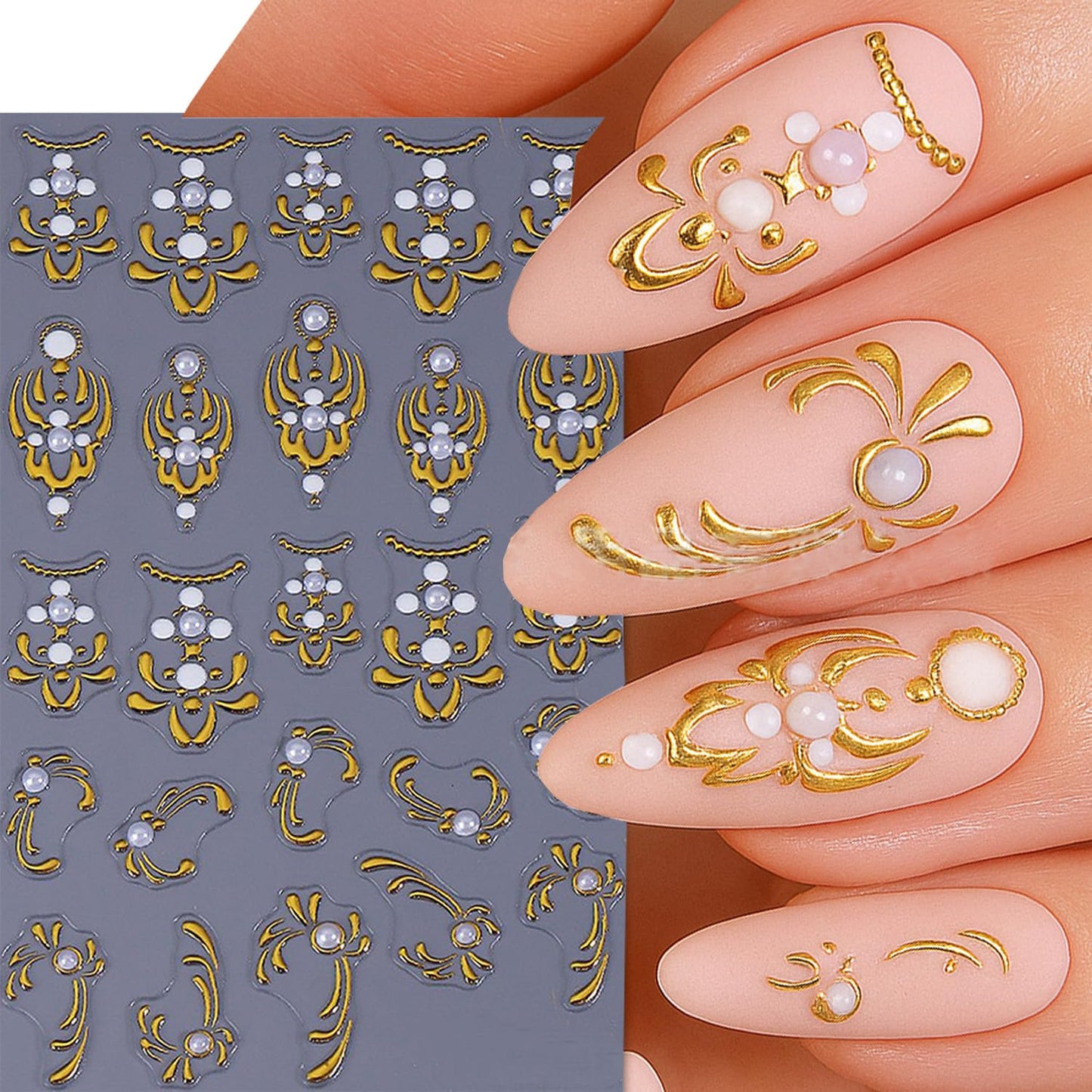 2 Sheets Gold Nail Art Stickers Golden Flower with Pearl Nails Stickers 5D Relief Self -Adhesive Gold Totem with Pearl Nail Decals Holographic Stereo French Nail Decoration for Women DIY Manicure