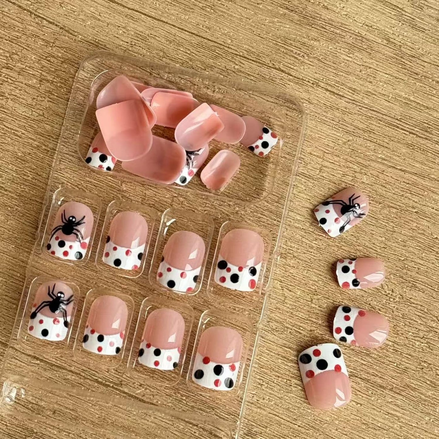 Halloween Press on Nail Short Square Fake Nails Full Cover French Tip with Polka Dot designs Cute Stick on Nail Spider Press ones Glossy Reusable Glue on Nails for Women Party Decor24pcs