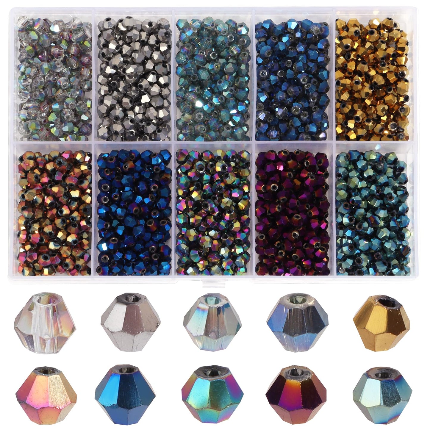 Beadtales 1200Pcs 4mm 10 Colors Electroplated Faceted Crystal Glass Bicone Beads Loose Bead for DIY Bracelet Necklace Earring Keychain Jewelry Making,AB Color