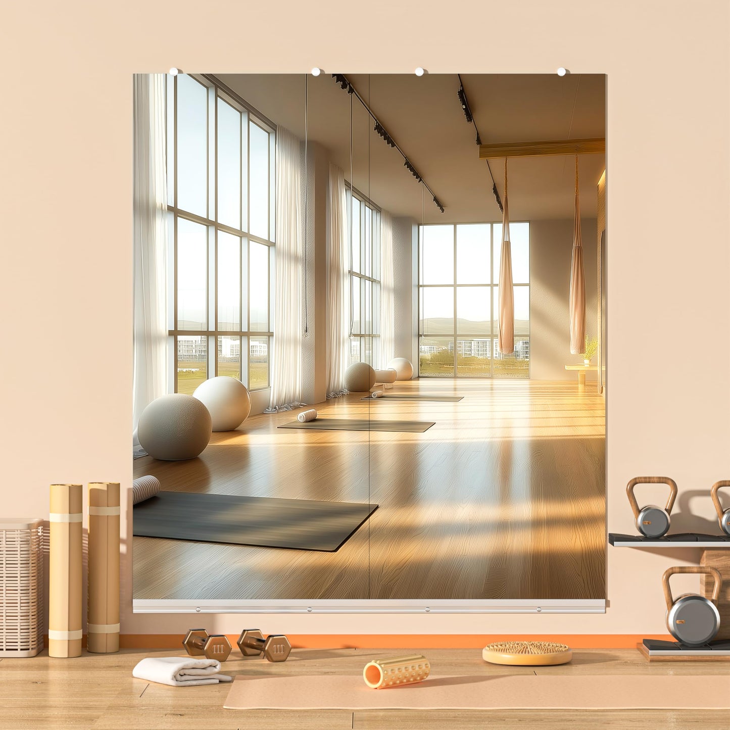 Hasipu Home Gym Mirror, 71"x32" Each, 1-Pack Frameless Wall Mounted Mirrors with Glass Clamps & 1 Aluminum Rail, Large Body Mirror for Home Gym, Yoga Studio, Bedroom, Silver Tempered Glass