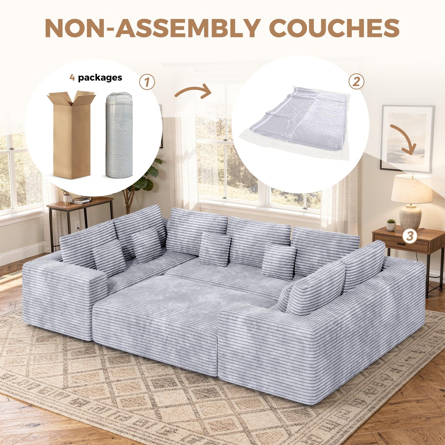 Luxanimarion 136'' Large Sectional Cloud Couches with Chaise, U Shaped Boneless Sofa Bed with Ottoman, No Assembly Required Deep Seat Modular Lounge for Living Room 4PCS Set, Bedroom(Light Grey)